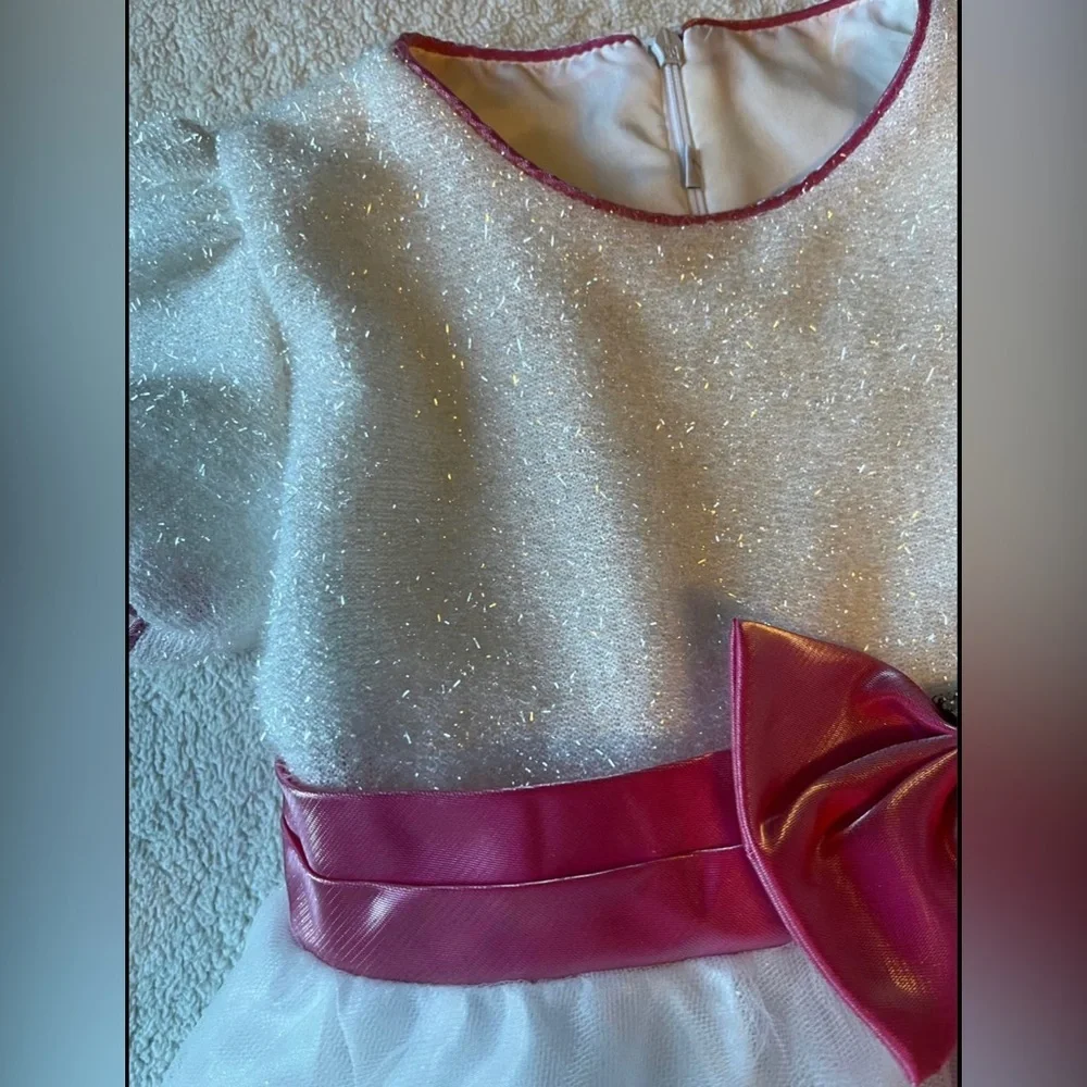 Fancy Christmas/Holidays Dress, frosty white with pink satin bow. Girls Sz 8